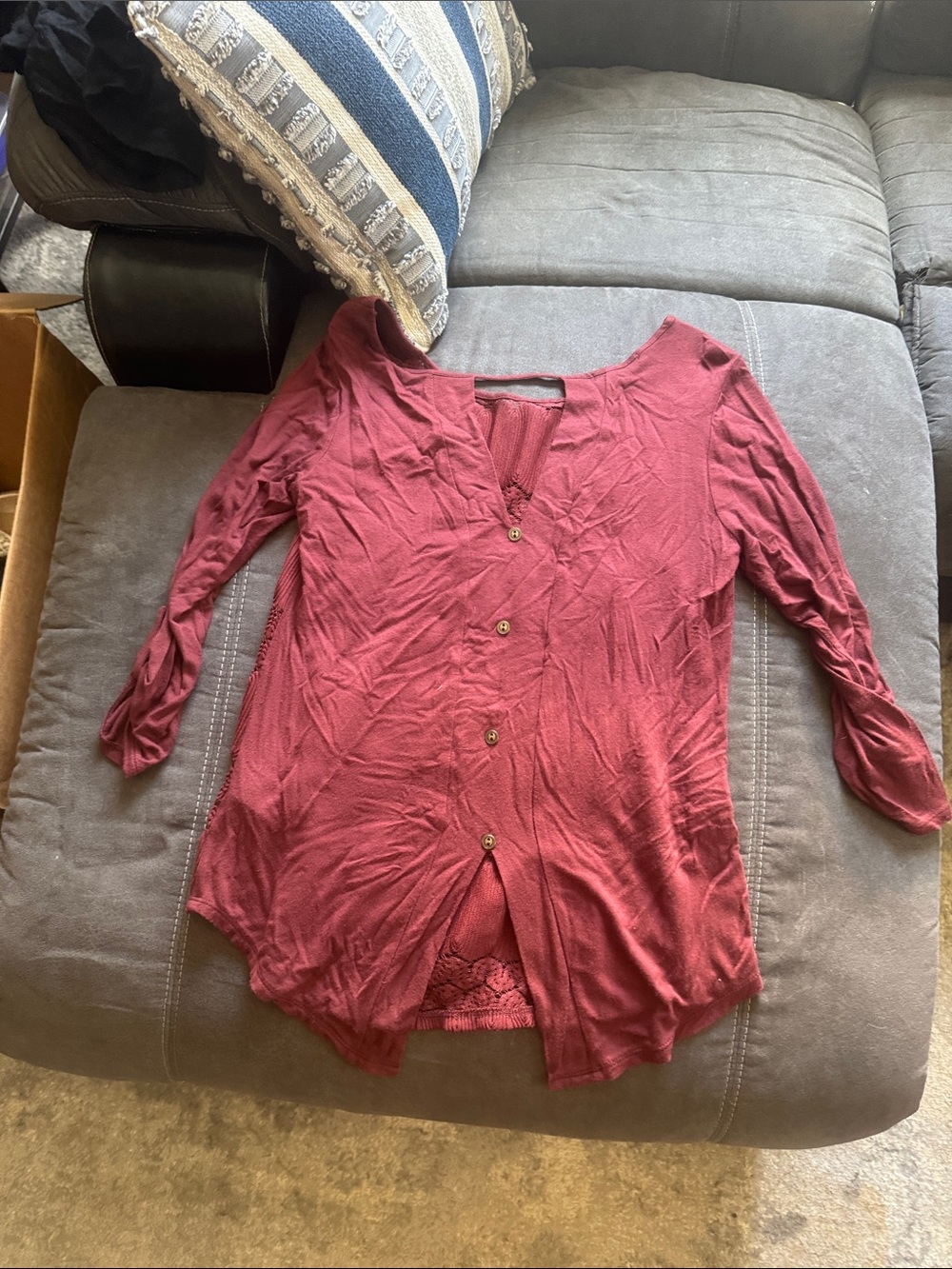 Maurices Burgundy Button-Down Lace-Hem Long Sleeve Top